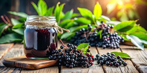 Wall Mural - Homemade Elderberry Jam in a Glass Jar with Fresh Berries