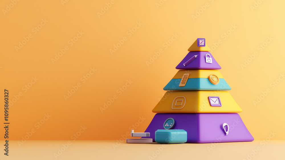 Pyramid chart with four colorful levels and various icons representing ...