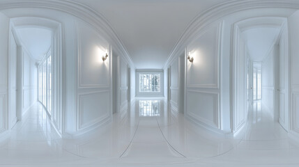 Wall Mural - 360 degree panorama view.A bright, white hallway shown in a 360-degree view.  It's a 3D image, like a virtual tour.