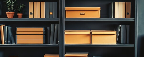 Poster - A modern bookshelf displaying organized boxes and books, enhancing workspace aesthetics.