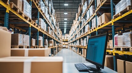 Poster - A warehouse interior with shelves of boxes and a computer workstation.