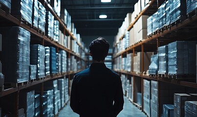 Poster - A person stands in a warehouse aisle, surrounded by stacked boxes and shelves.
