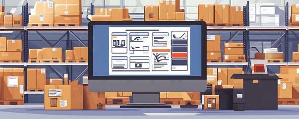 Poster - A digital workspace in a warehouse, showcasing inventory management on a computer screen.