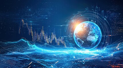 Poster - A high-quality solid blue abstract tech background with pixel patterns, evoking a futuristic business and fintech landscape, clean and modern.