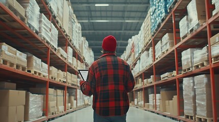 Poster - A person in a warehouse, using a tablet to manage inventory among shelves of products.