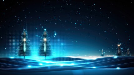 Poster - Abstract digital tech background in blue with a halftone pixel pattern , accented by Christmas silhouettes, ideal for science presentations.