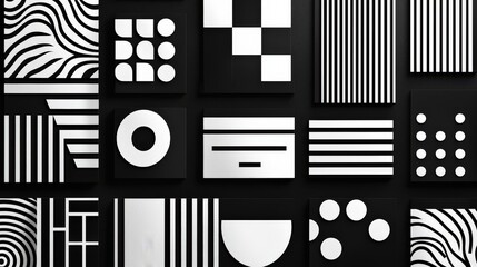 Poster - Clean black-and-white retro geometric pattern background with minimalist designs, blending bold and subtle shapes for a classic look.