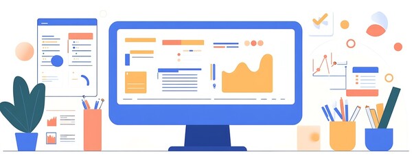  - A digital workspace featuring a monitor displaying data analytics and office supplies.