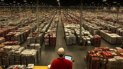 Poster - A warehouse filled with stacked goods, viewed by a person using a laptop.