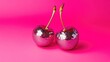 © glden - Cherry shaped disco balls against hot pink background. 70s inspired trendy disco concept photo banner and wallpaper.