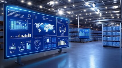 Aufkleber - A high-tech data visualization display in a warehouse setting, showcasing analytics and metrics.