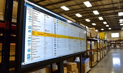 Poster - A digital display in a warehouse showing inventory management and logistics data.
