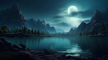 Wall Mural - A natural landscape with cliffs and a lake at night. 4k animated video