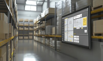 Poster - A warehouse interior featuring shelves of boxes and a digital display for inventory management.