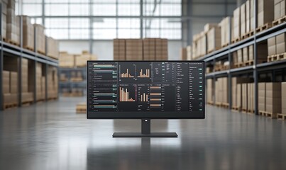  - A monitor displaying data analytics in a warehouse setting.