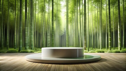 Poster - Serene Bamboo Forest with Elegant Two-Tiered Display Platform