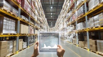 Poster - A person holds a digital interface displaying data in a modern warehouse setting.