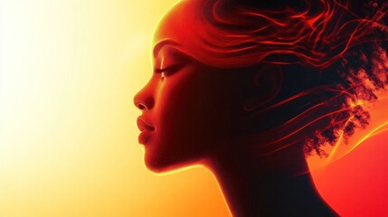 Wall Mural - A silhouette of a woman with flowing hair against a warm, vibrant background.