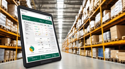 Poster - A tablet displaying inventory management software in a warehouse setting.