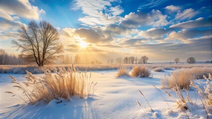 Canvas Print - Serene winter landscape at sunrise, showcasing a frosty field with tall grasses and a lone tree silhouetted against the radiant sun