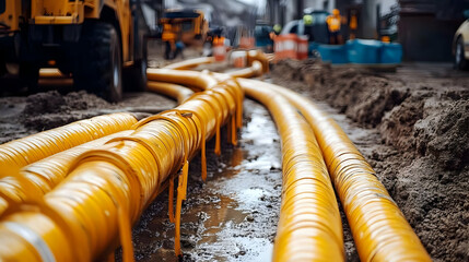 Yellow Utility Pipes Laid in Trench - Photo