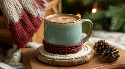 Wall Mural - A close-up of a personalized ceramic mug with a warm beverage, placed on a knitted coaster in a cozy setting 