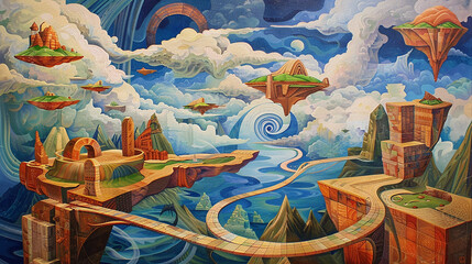 Wall Mural - A surreal cubism painting depicting a fantastical landscape with floating islands, swirling clouds, and surreal architecture, creating a sense of wonder and mystery.