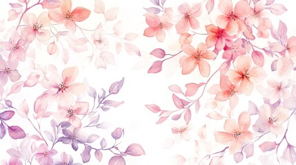  A vibrant watercolor illustration of spring florals, including branches, leaves, and blossoms, painted in soft pastel hues, arranged in an elegant pattern isolated on a white backdrop.