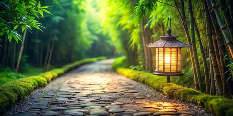 Sticker - Illuminated Pathway Through a Serene Bamboo Forest with a Glowing Lantern