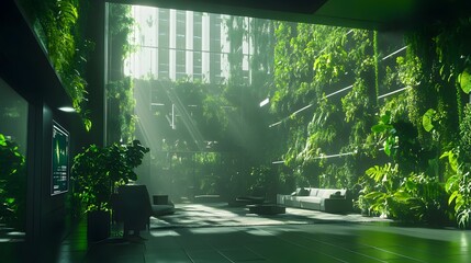 Poster - A futuristic green office utilizing IoT technology to automate sustainable building management. 4k resolution, Cinematic Scene