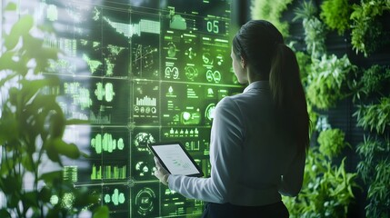 Poster - A professional presenting IoT-generated sustainability reports in a modern green office. 4k resolution, Cinematic Scene