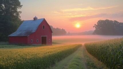 Wall Mural - Misty Sunrise Over a Red Barn in a Cornfield