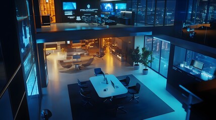 Poster - A hybrid coworking hub showcasing AR tools for blockchain-backed strategic planning and decision-making. 4k resolution, Cinematic Scene
