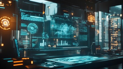 Poster - A collaborative workspace featuring blockchain visualization systems for investment analysis through AR platforms. 4k resolution, Cinematic Scene
