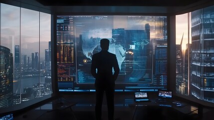 Poster - A professional analyzing holographic data insights on a futuristic dashboard in a modern workspace. 4k resolution, Cinematic Scene