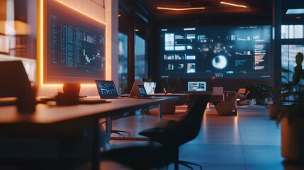 Poster - A modern coworking hub where professionals discuss financial strategies using holographic projections. 4k resolution, Cinematic Scene