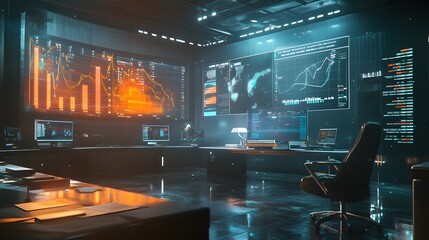 Aufkleber - A modern workspace featuring holographic charts for evaluating customer satisfaction metrics in real time. 4k resolution, Cinematic Scene