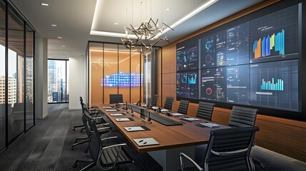 Poster - A collaborative meeting room featuring holographic tools for visualizing risk management data. 4k resolution, Cinematic Scene