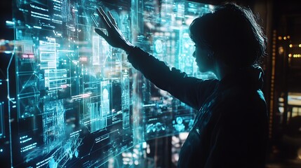 Poster - A professional using holographic dashboards to analyze workforce engagement in a hybrid workspace. 4k resolution, Cinematic Scene