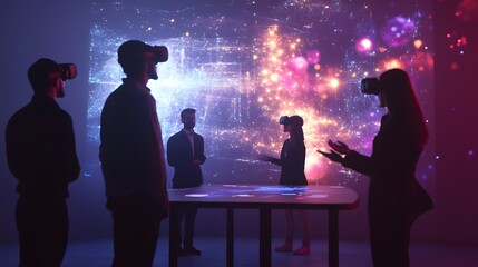 Poster - A collaborative session in the metaverse where professionals discuss sales analytics projected as interactive visuals. 4k resolution, Cinematic Scene