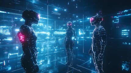 Poster - Avatars engaging in real-time resource allocation discussions in a futuristic virtual environment. 4k resolution, Cinematic Scene