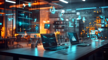 Poster - A hybrid workspace featuring IoT sensors monitoring energy efficiency and environmental impact. 4k resolution, Cinematic Scene