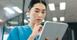 © peopleimages.com - Nurse, tablet and thinking of Japanese woman with planning, web document and medical checklist in hospital. Surgeon, nursing and online research for health, wellness and clinic care with professional