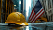 © Siasart Studio - Yellow Hard Hat on Wet Pavement with American Flag in Background Photo