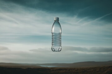 Poster - A Plastic Water Bottle Suspended in the Air Against a Cloudy Sky and Distant Landscape