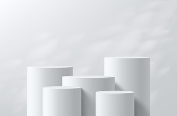 Wall Mural - 3d white cylindrical podium set with leaf shadow overlay wall background. minimalist mockup pedestal