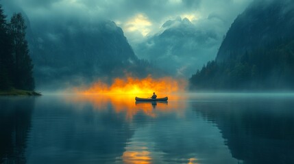 Sticker - Solitary Canoeist at Sunrise in a Misty Mountain Lake