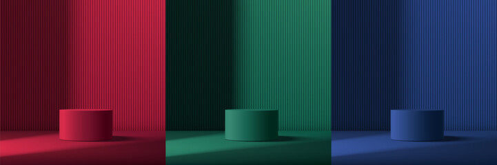 Wall Mural - set of 3d dark red, green, blue cylindrical podium with light and shadow background scene. minimalis
