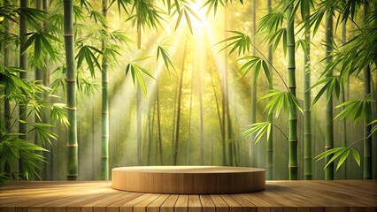 Wall Mural - Serene Bamboo Grove Backdrop with Circular Wooden Display Platform