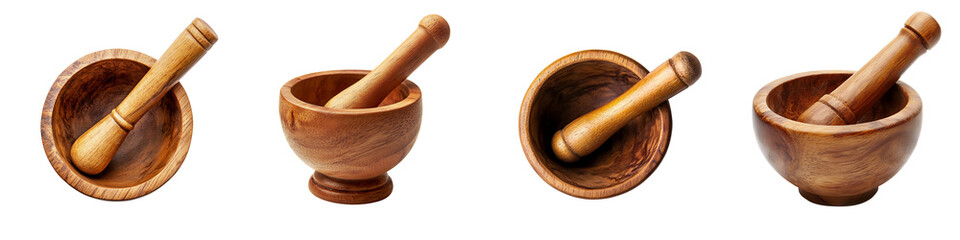 Wall Mural - Set of a wooden mortar and pestle, isolated on a transparent background.